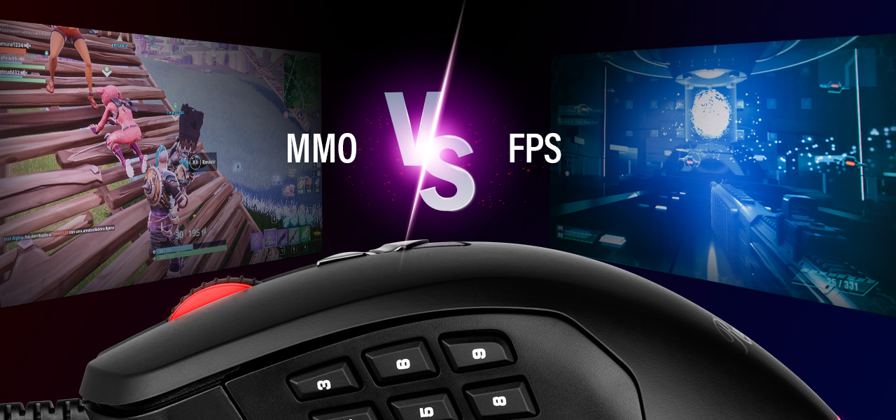 Rosewill RGB Gaming Mouse with Interchangeable Side Plates Facing to the Left in Front of Screens That Show Fortnite and a SciFi Shooter with graphic text that reads: MMO vs FPS
