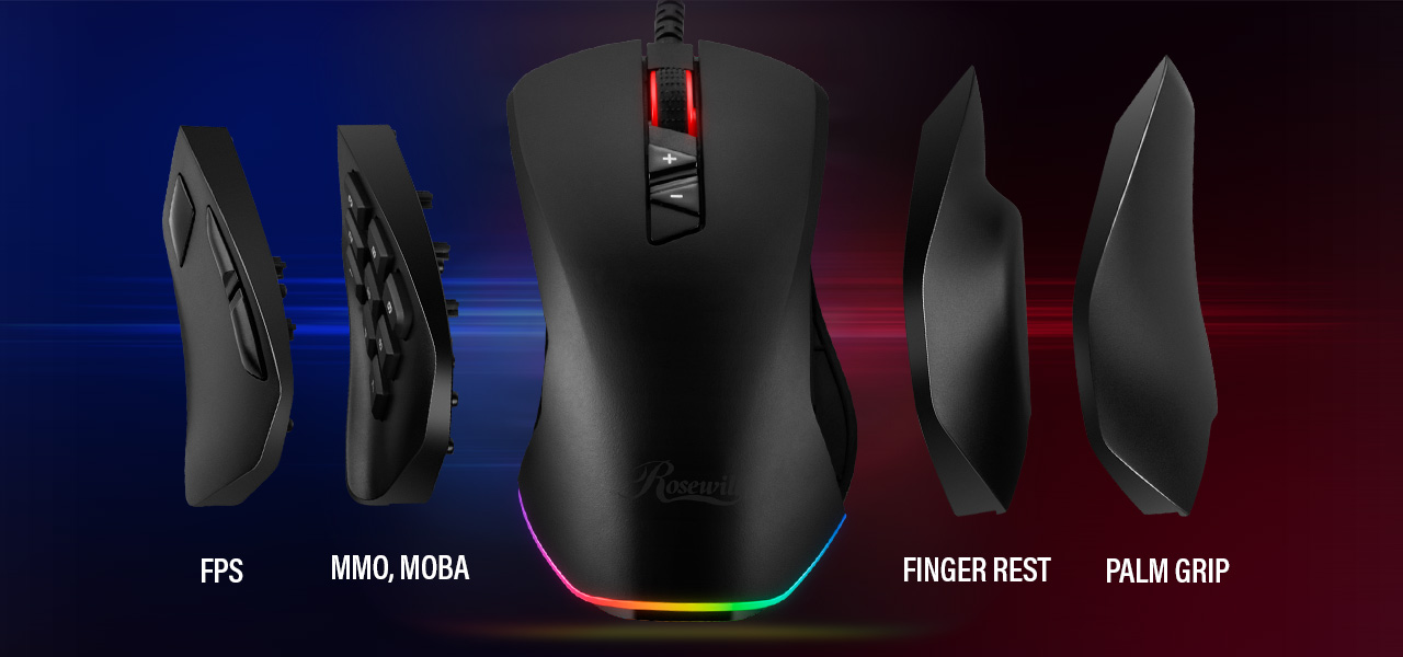 Rosewill RGB Gaming Mouse with Interchangeable Side Plates That Include: FPS, MMO, MOBA, FINGER REST and PALM REST