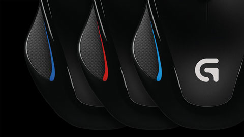 Three stacked up Logitech G300S mice with blue, red and light blue accents