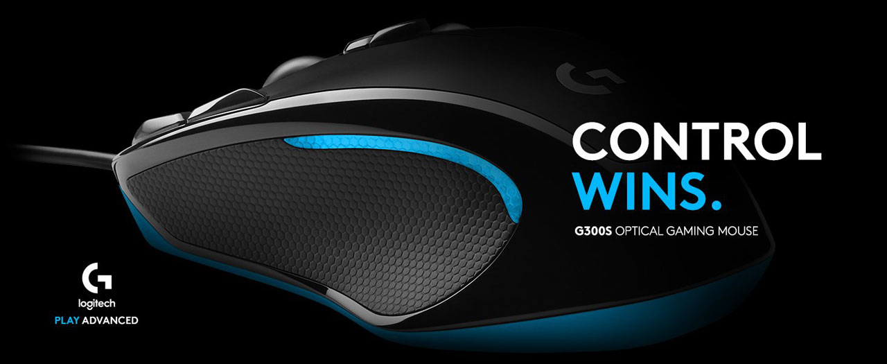 G300S banner showing the mouse, logitech logo and text that reads: CONTROL WINS. G300S OPTICAL GAMING MOUSE