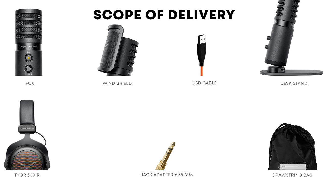 Scope of Delivery Text above the FOX mic, Wind Shield, USB Cable, Desk Stand, TYGR 300 R, Jack Adapter 6.35mm and Drawstring Bag