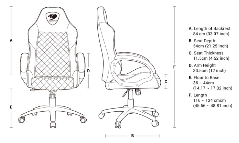 Black and white specifications diagram showing two images, one of the chair facing forward, the other of the chair facing completely to the right. There is text and graphics that indicate: A. Length of Backrest = 33.07 inches (84cm), B. Seat Depth 21.25 inches (54cm), C. Seat thickness 4.52 inches (11.5cm), D. Arm height 12 inches (30.5cm), E. Floor to Base 14.17-17.32 inches (36-44cm) and F. Length 45.66-48.81 inches (116-124cm)