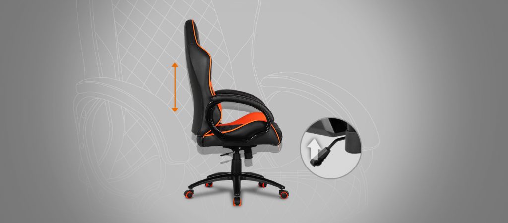 Cougar gaming chair facing to the right with a hotspot on the lever that controls the up and down height control of the chair's backrest