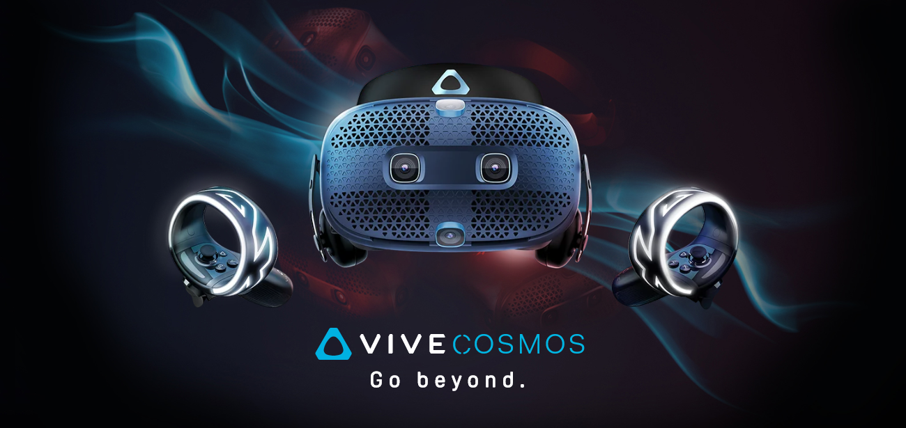 VIVE COSMOS - Go beyond. Banner showing the front-facing view of the VR headset and peripherals in space