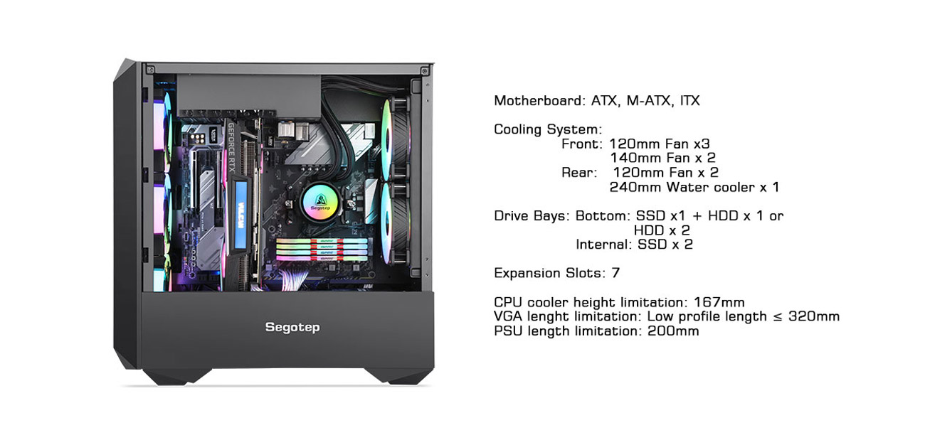 Segotep Typhon ATX Black Mid Tower PC Gaming Tempered Glass Computer Case