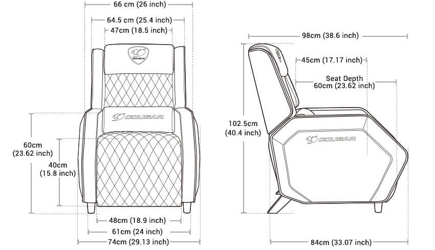 Line drawing of chair from front and side, with dimensions marked out 