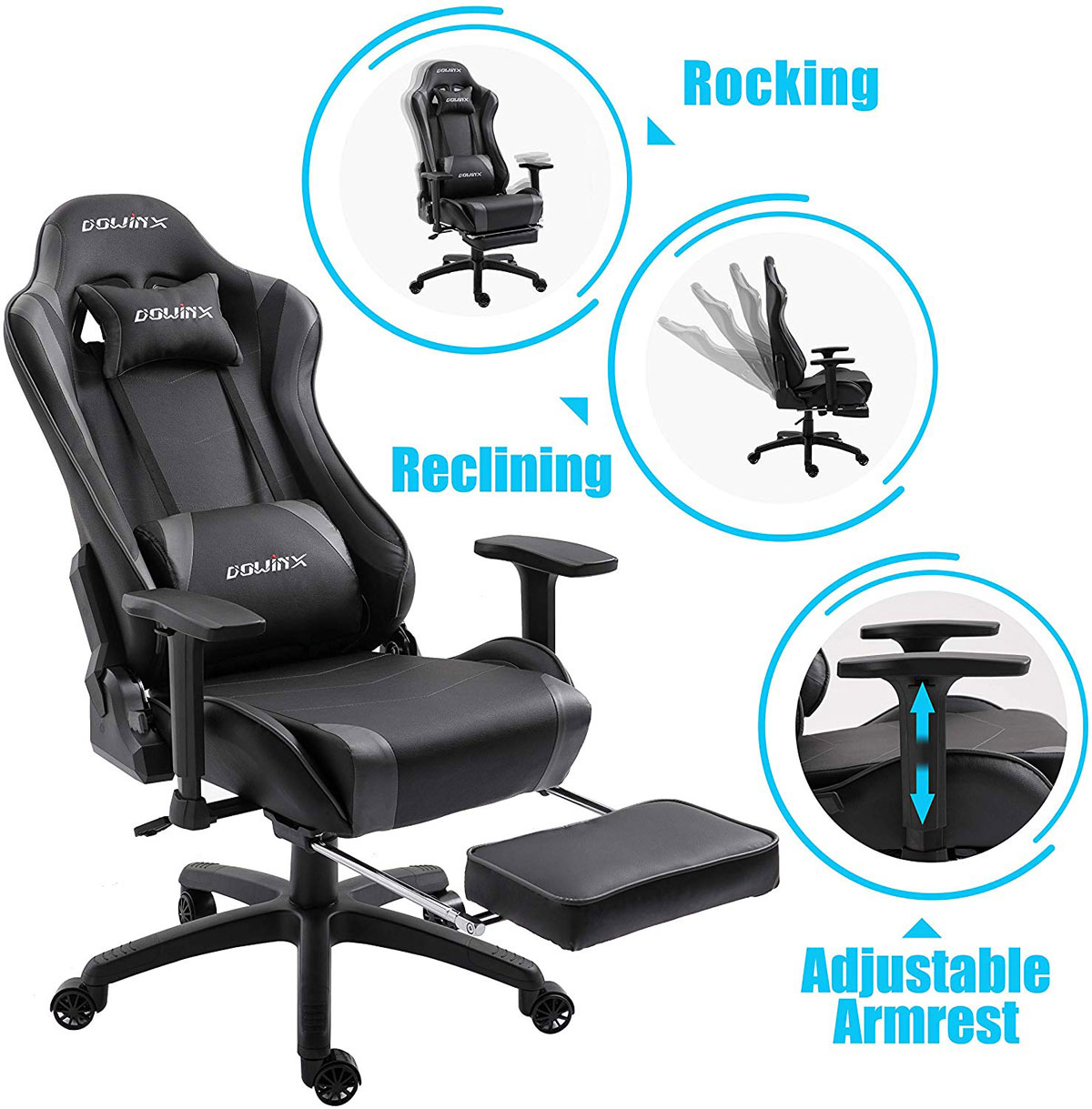 Dowinx Gaming Chair Ergonomic Office Recliner For Computer With Massage Lumbar Support Racing Style Armchair Pu Leather E Sports Gamer Chairs With Retractable Footrest Black Grey Newegg Com