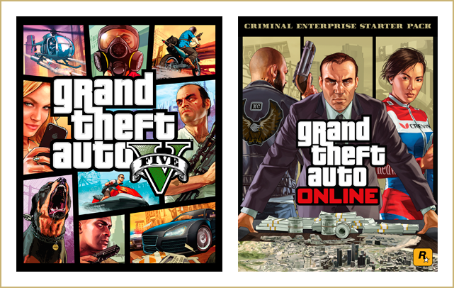 The poster of Grand Theft Auto V and the poster of Criminal Enterprise Starter Pack are combined together