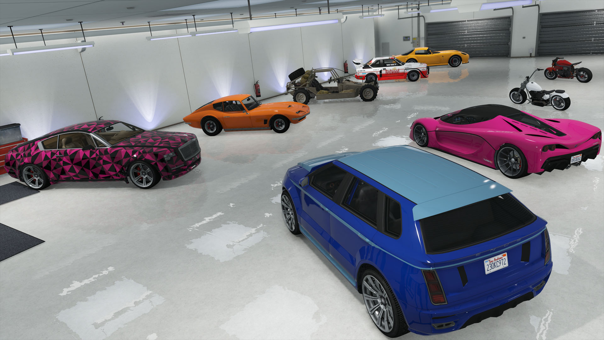 Cars in various shape and colors are in the 1337 Exceptionalists Way 10 Car Garage
