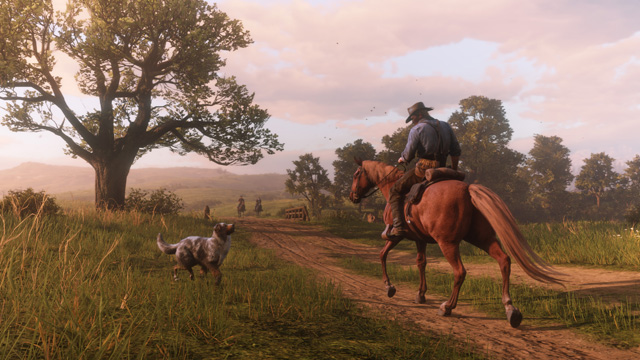 screenshot1 for Red Dead Redemption 2 showing a man riding a horse met a dog