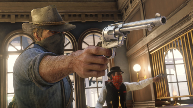 screenshot2 for Red Dead Redemption 2 showing two masked men robbing a bank