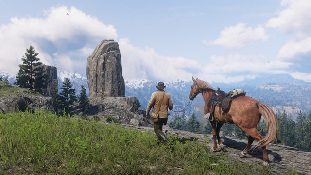 screenshot5 for Red Dead Redemption 2 showing a man towing a horse