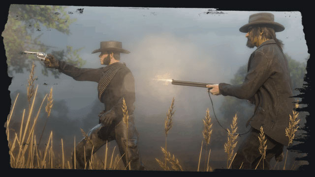 two men having gun fight with others
