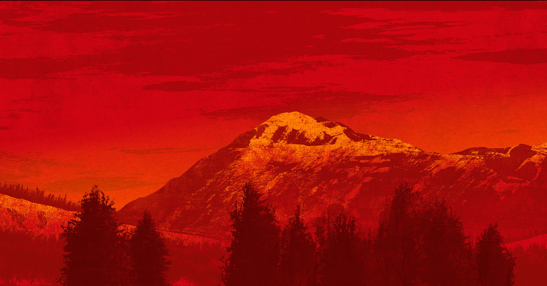 a snow mountain and trees in a red background