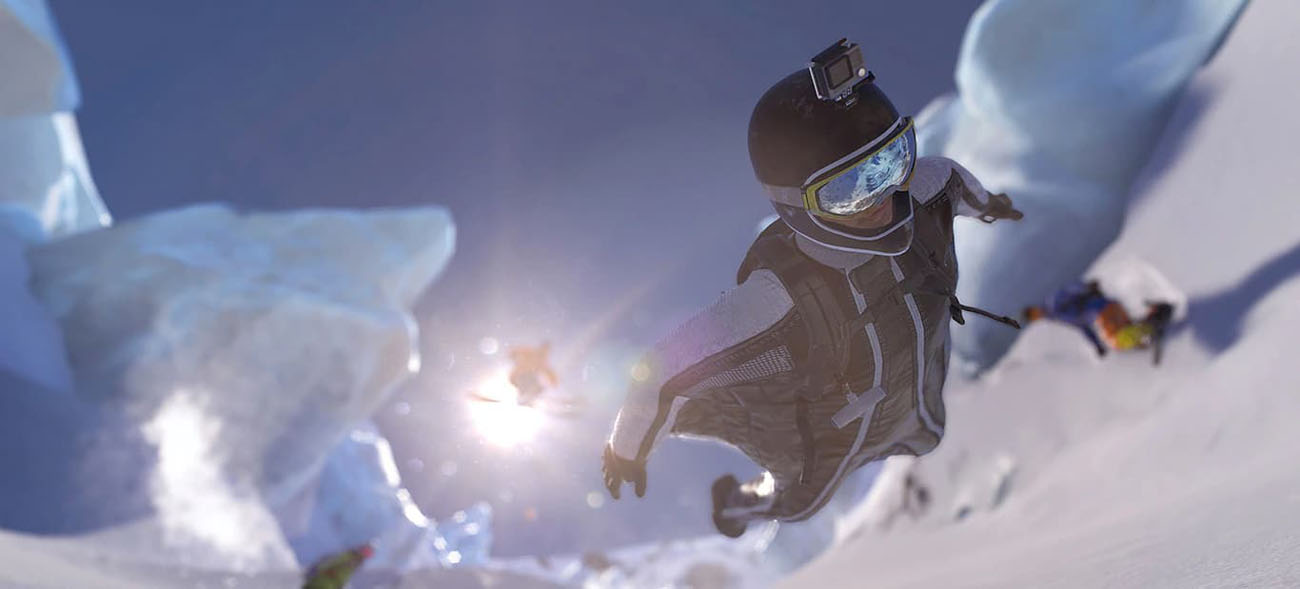 A wingsuit character flying forward down a snowy mountain