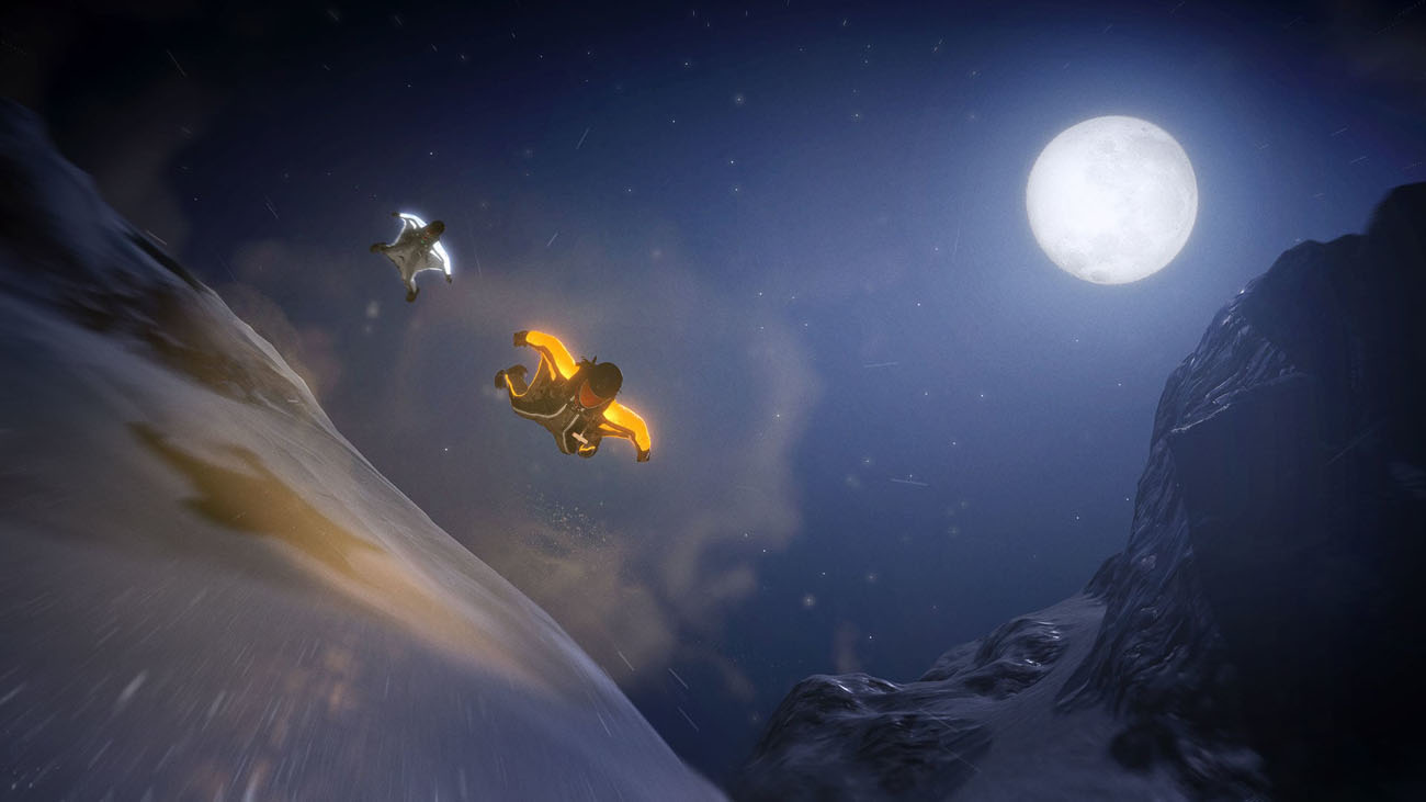 Steep Screenshot Showing Two Players in Wingsuits Flying Down a Snowy Mountainside at Night Next to a Full Moon
