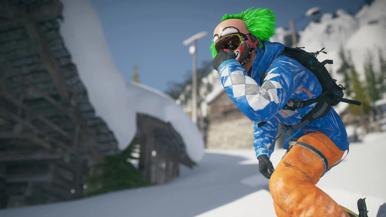 Steep Screenshot Showing a Character Snowboarding by in a clown mask