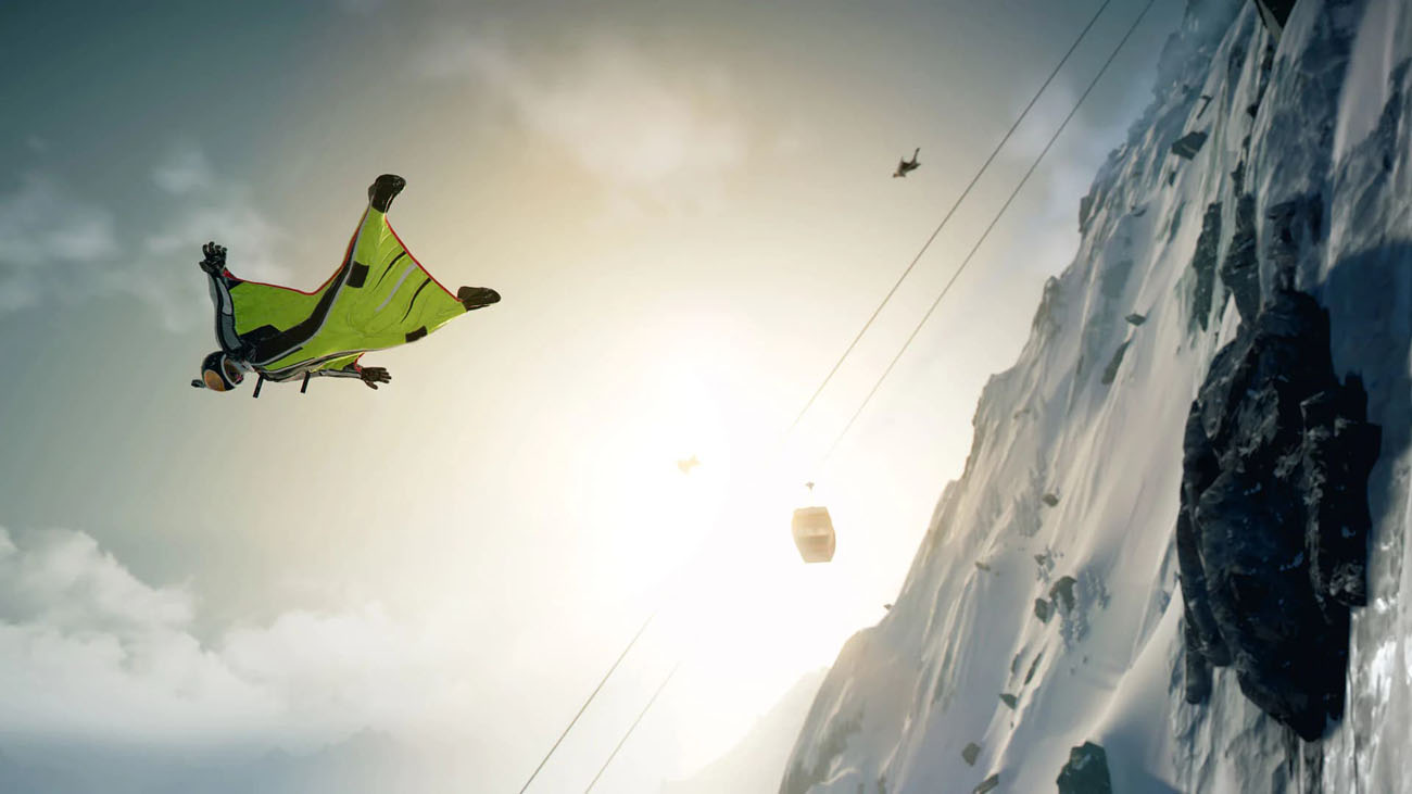 Steep Screenshot Showing a player in a wingsuit flying down next to a snowy mountain side where another wingsuit character is flying down and a lift is going down