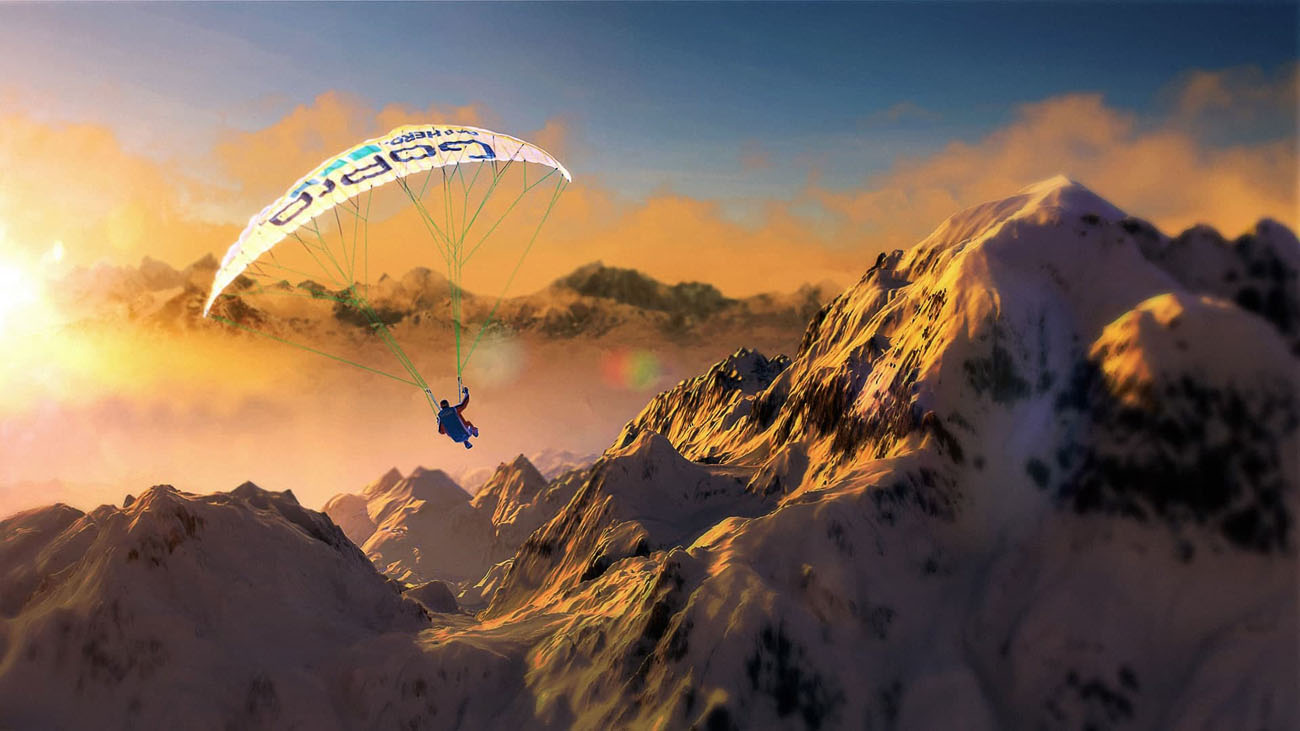 Steep Screenshot Showing a Parachuter approaching a snow-covered mountain range at twilight hour