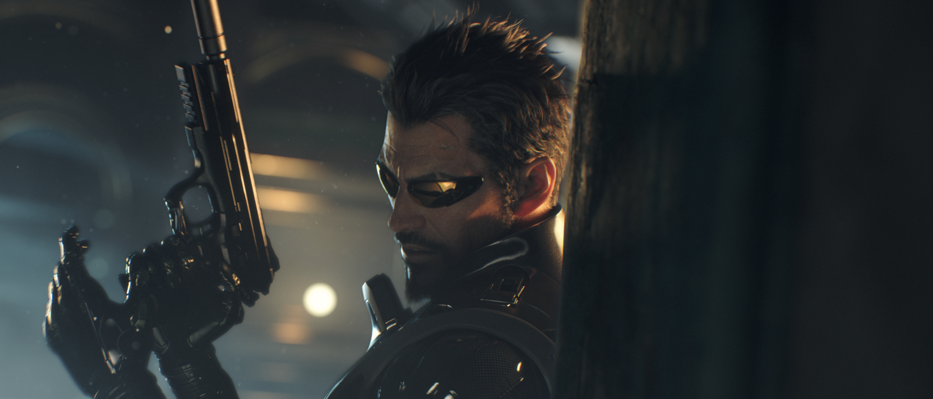 Deus Ex Mankind Divided Screenshot Showing the Main Character with His Back to a Wall Holding Up his Handgun
