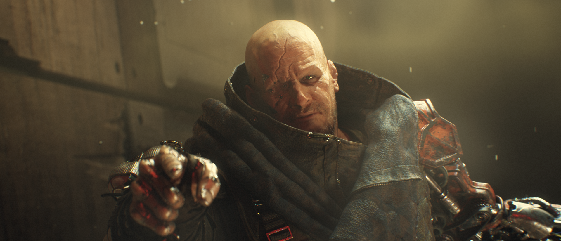 Deus Ex Mankind Divided Screenshot Showing a Character with a Heavily Scarred Face Pointing Forward