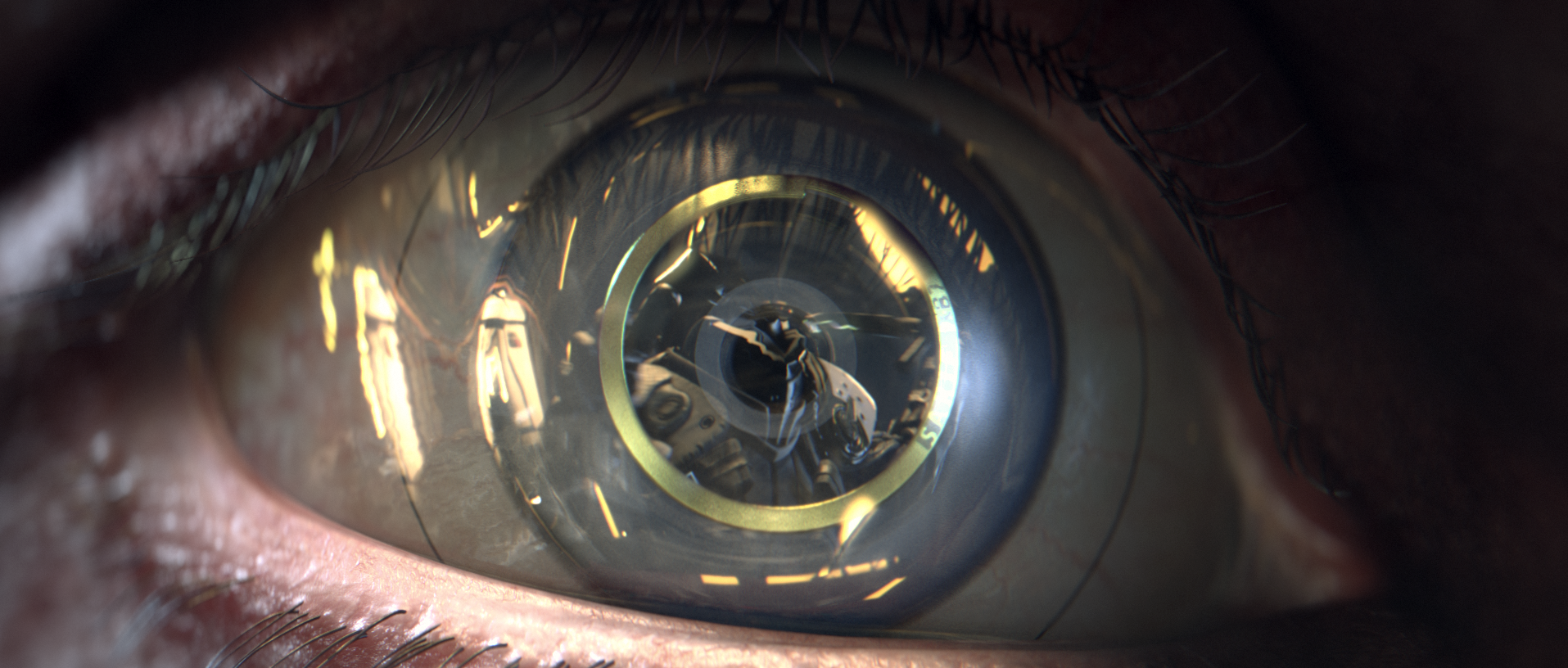 Deus Ex Mankind Divided Screenshot Showing an Artificial Eye Reflecting a Scene