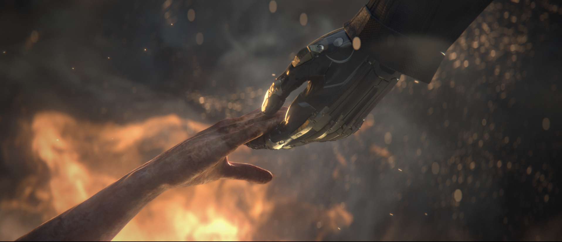 Deus Ex Mankind Divided Screenshot Showing a Cyborg Hand Holding a Human Hand in Front of Molten Fire