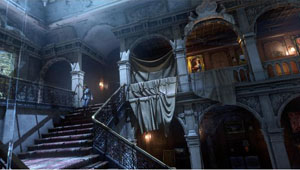A screenshot of Lara going down a flight of stairs while searching for somthing