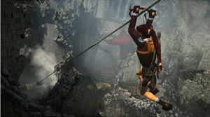 A screenshot of a person slide down a rope with cushed building below