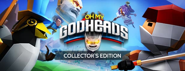 Oh My Godheads collector's edition cover art showing pixel characters, a penguin, floating head with burning fire eyes, a jumping cowboy, a female warrior and ninja