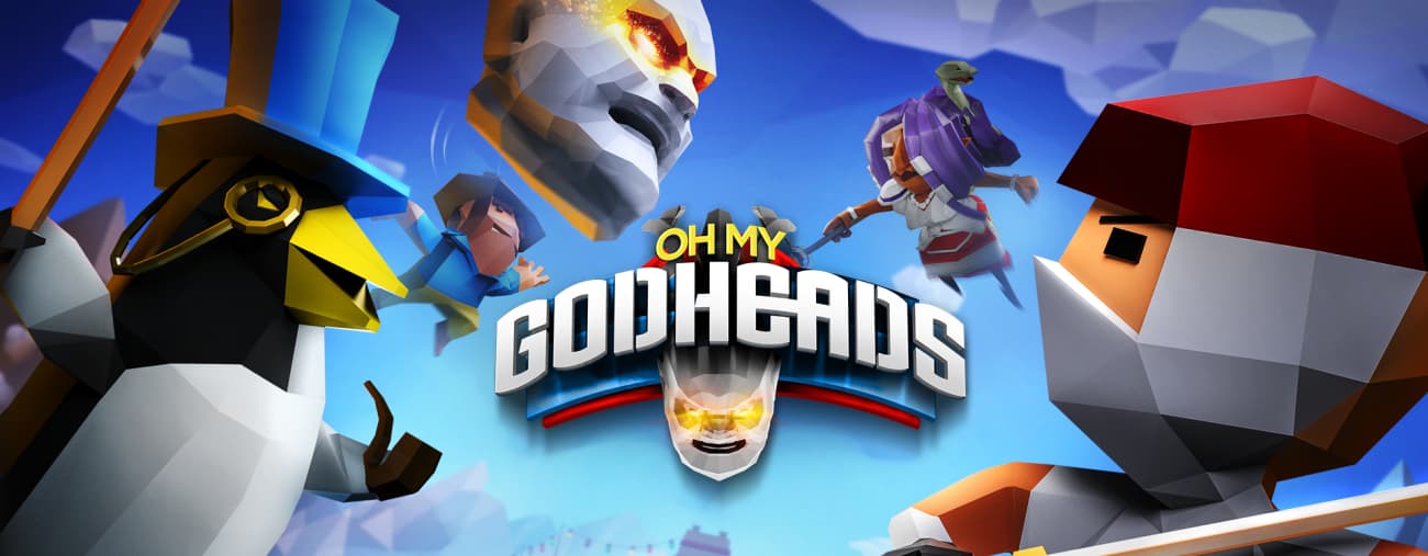 Oh My Godheads cover art showing pixel characters, a penguin, floating head with burning fire eyes, a jumping cowboy, a female warrior and ninja
