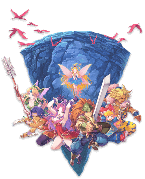 heros in Trials of Mana in front of a giant rock