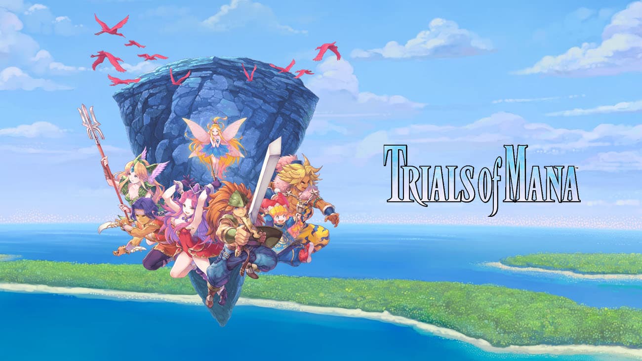main banner for Trials of Mana showing its heros flying in the sky