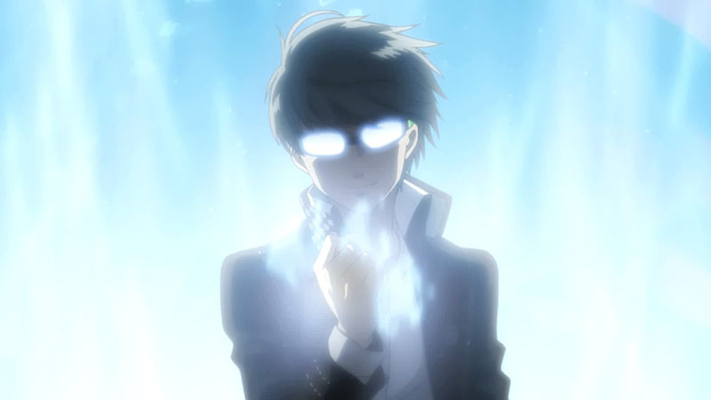 A boy has his glasses lighted up against an illuminated background.
