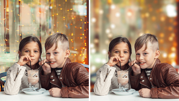 A boy and a girl are sipping the same cup of drink and two same pictures are displayed with one having depth effect and the other not