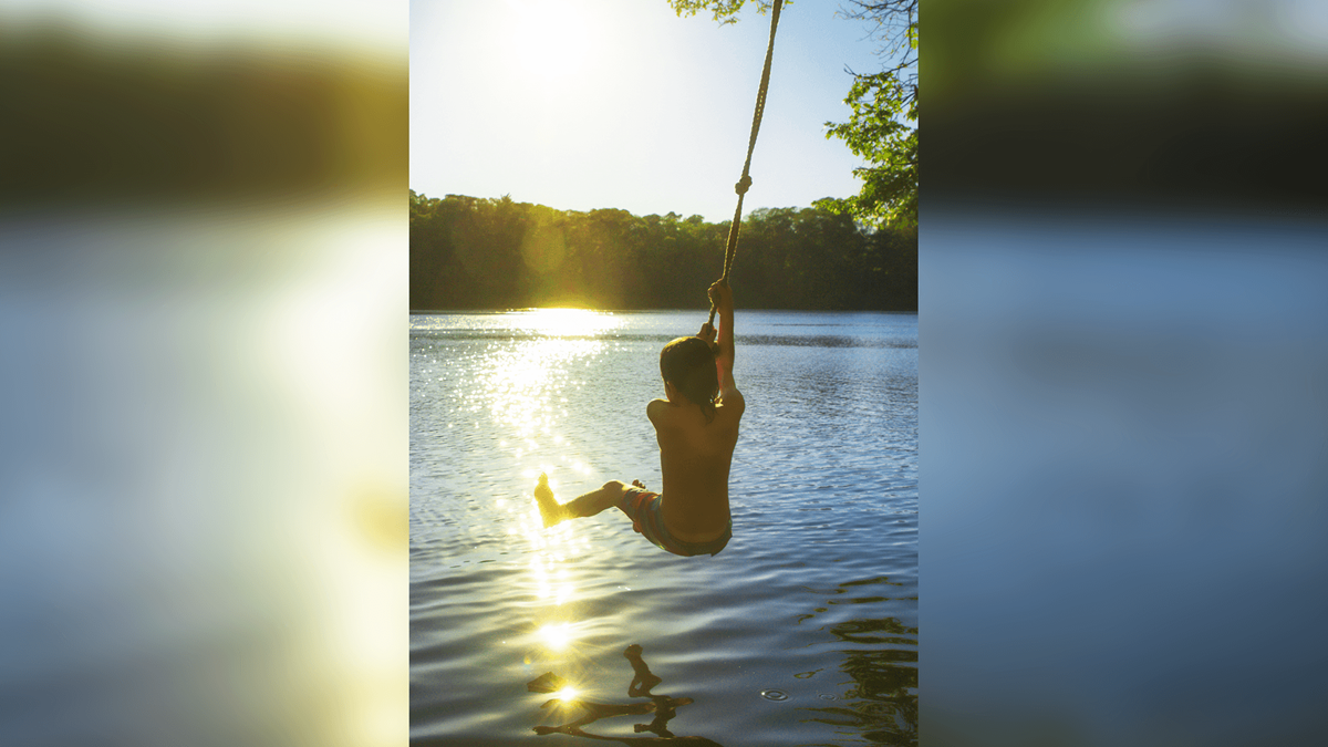 Add a frame to an action with a boy hanging a vine to jump into a river