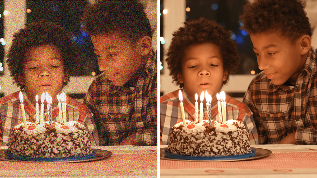 Two pictures show a boy is blowing birthday candles. One is grainy and the other one is clear.