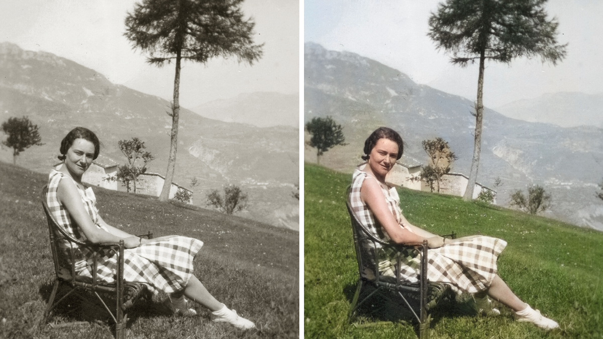 A comparison between a black and white picture and a colorized picture on which a beautiful woman is sitting on a chair in a field