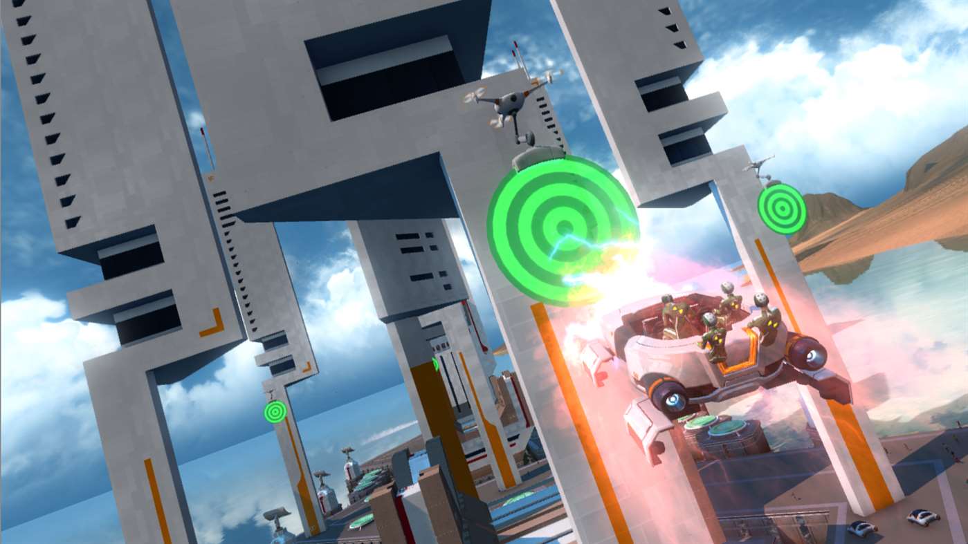 ScreamRide Screenshot Showing a Cart of Test Rider Flying Towards Green Targets in a Futuristic Outdoor Level