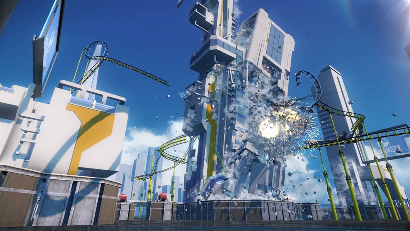 ScreamRide Screenshot Showing an Explosion at an Advanced, Futuristic Ride