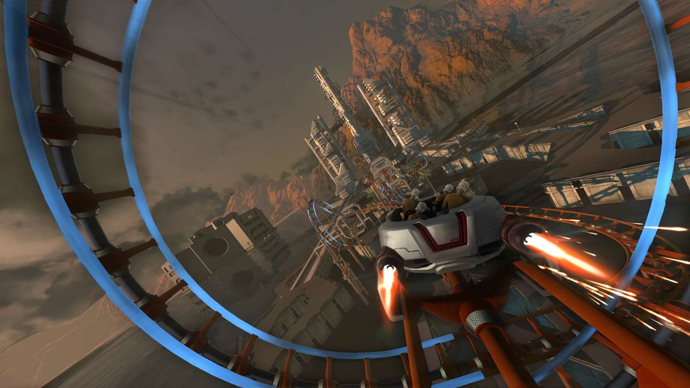ScreamRide Screenshot Showing Test Riders in a Cart Going Through a Blue Track Circle