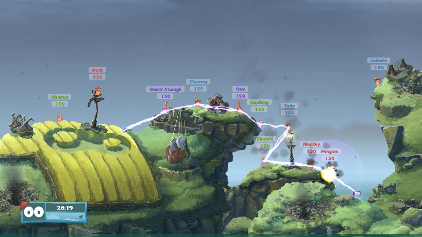 Worms W.M.D. Screenshot Showing War on a Grassy Hill Map