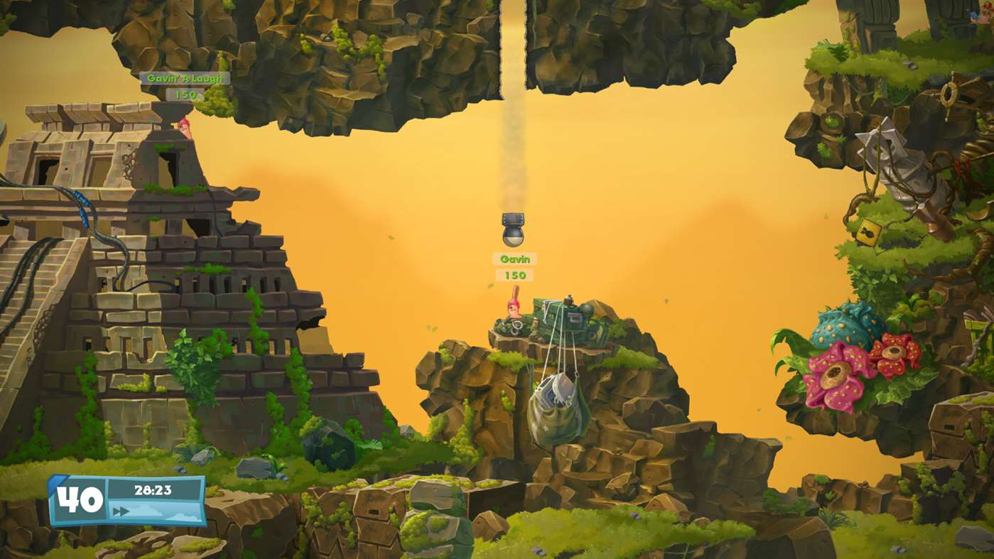 Worms W.M.D. Screenshot Showing on Mountainous Temple Map