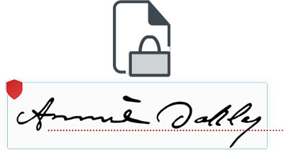  At top is an icon of paper with padlock. At bottom is a signature  