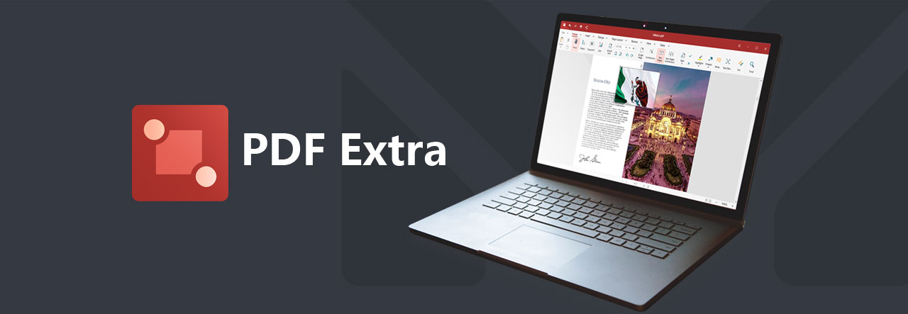  Icon for PDF Extra with texts reading as “PDF Extra”. Next to them on the right is a front view of a laptop facing slightly to the left, with screen running this software  