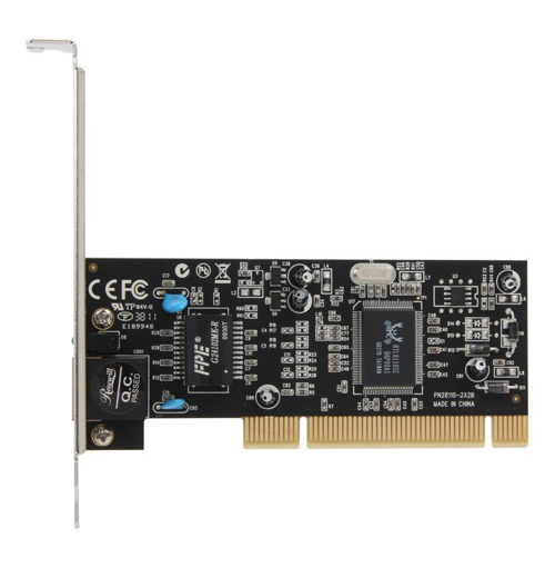 The front view of Gigabit Ethernet PCI Card which shows a PCB with circuit and chipset