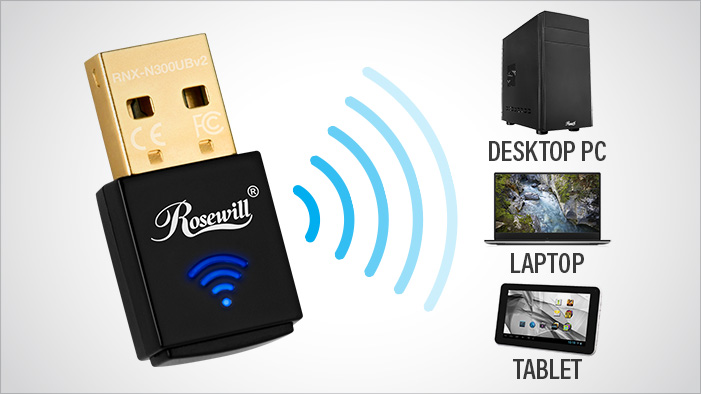 Rosewill RNX-N300UBv2 sending wireless signals to a desktop PC, laptop and tablet