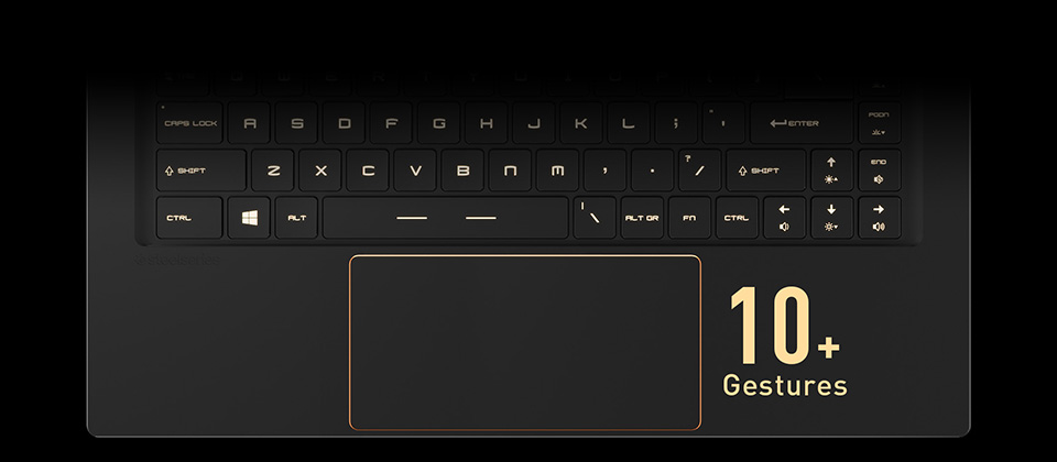Gigabyte GS65 Stealth Gaming Laptop's touchpad with text that reads: 10+ gestures