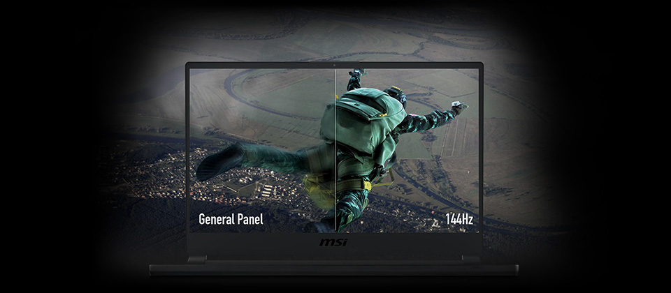 Gigabyte GS65 Stealth Gaming Laptop display showing a military parachuter falling towards a city. The image is split to show the difference between a general panel and 144Hz