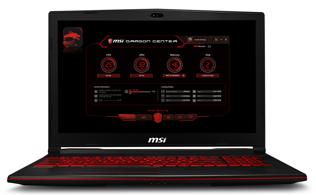 MSI GL63 Gaming Laptop open, facing forward with the MSI Dragon Center software window open